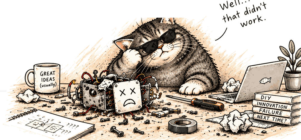 Fedya, the encyclopedia's cat, next to a robot he has taken apart, a mug that reads great ideas (usually) and a stack of books titled DIY, innovation, failure, next time. He says: well, that didn't work.