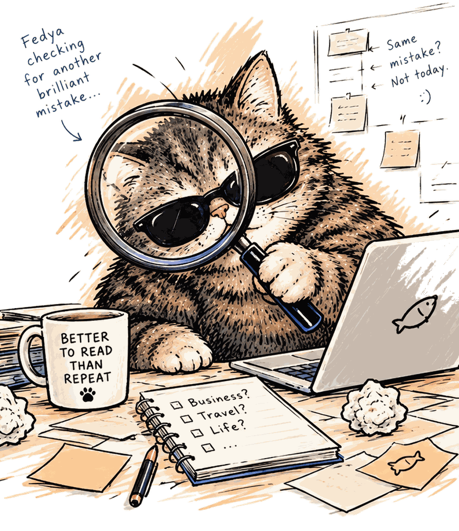 Fedya, the encyclopedia's cat, looking through a magnifying glass at a desk covered in notes