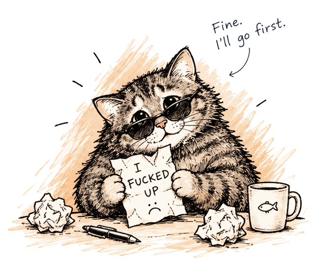 Fedya, the encyclopedia's cat, holding a note that reads: I fucked up. He says: fine, I'll go first.